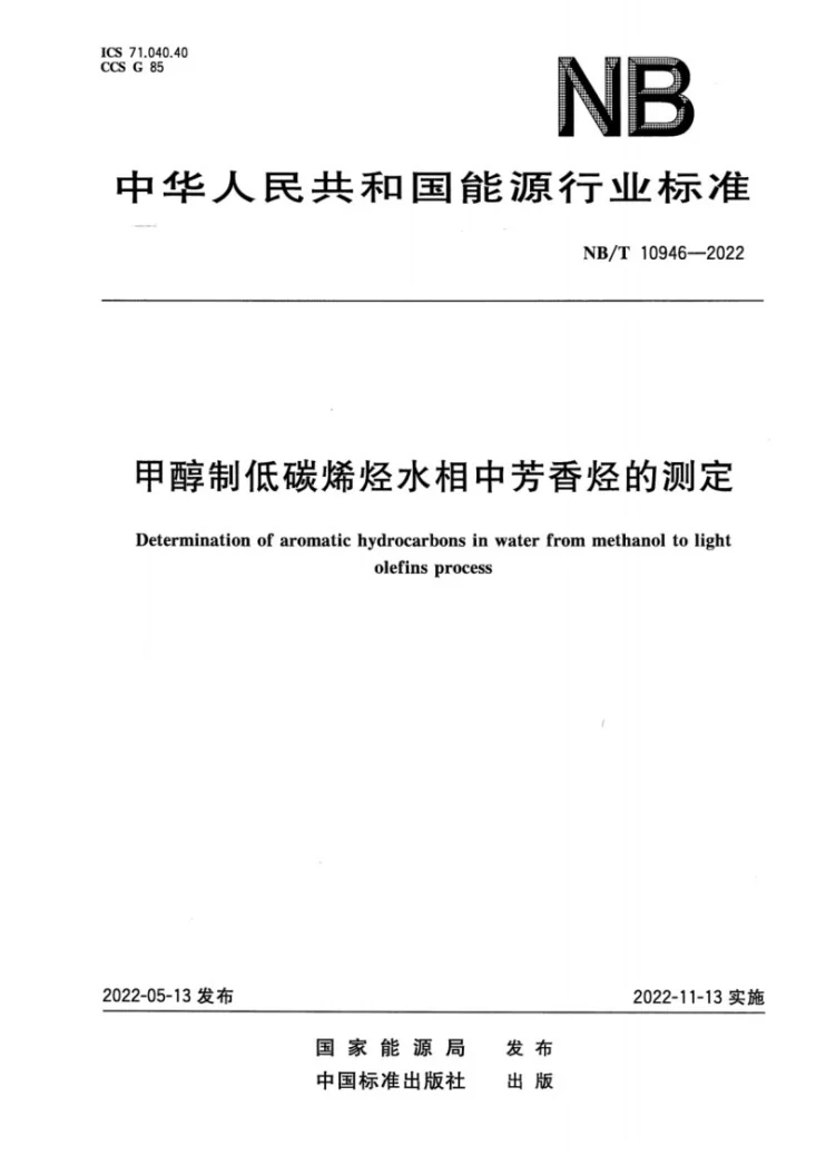 NB/T 10946-2022 甲醇制低碳烯烃水相中芳香烃的测定第1页预览图