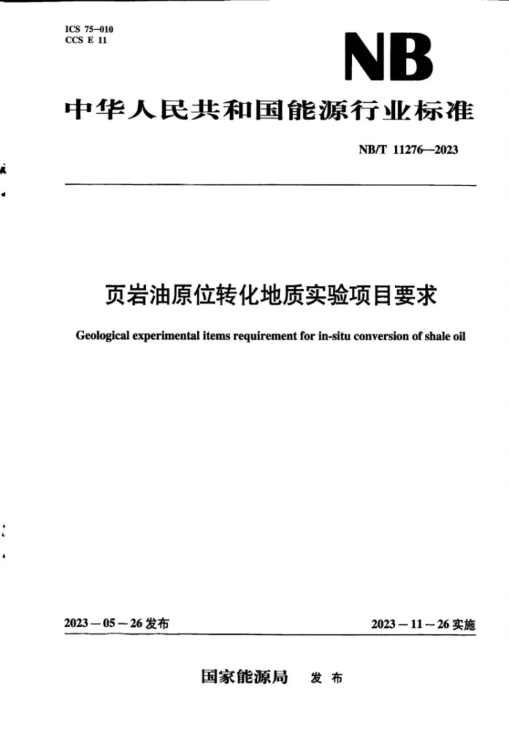 NB/T 11276-2023 页岩油原位转化地质实验项目要求第1页预览图