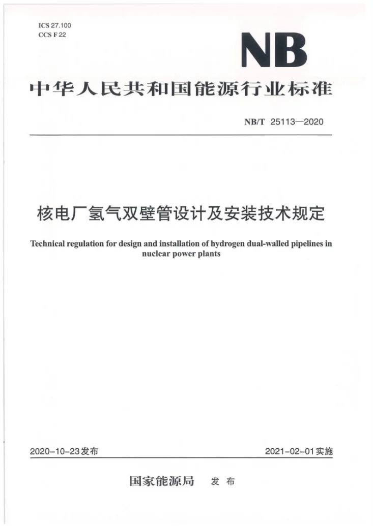 NB/T 25113-2020 核电厂氢气双壁管设计及安装技术规定第1页预览图