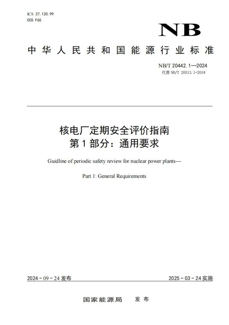 NB/T 20442.1-2024 核电厂定期安全评价指南 第1部分：通用要求第1页预览图