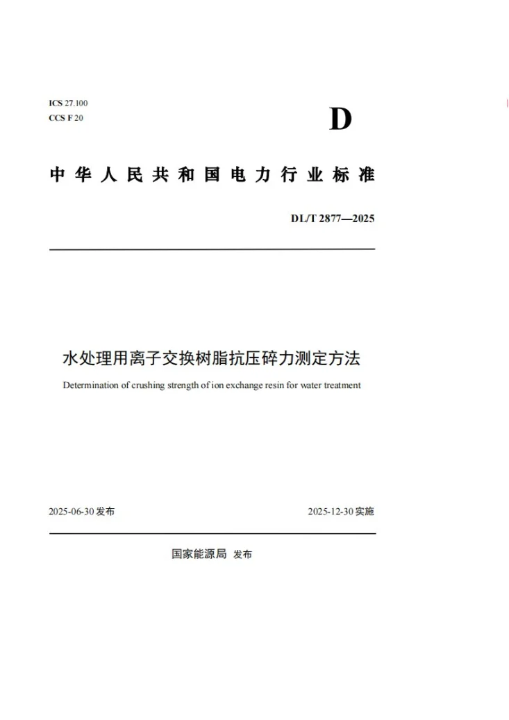 DL/T 2877-2025 水处理用离子交换树脂抗压碎力测定方法第1页预览图