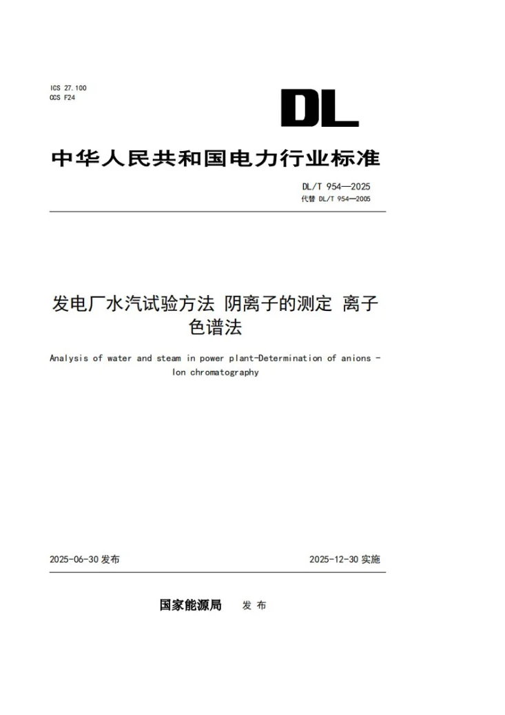 DL/T 954-2025 发电厂水汽试验方法 阴离子的测定——离子色谱法第1页预览图