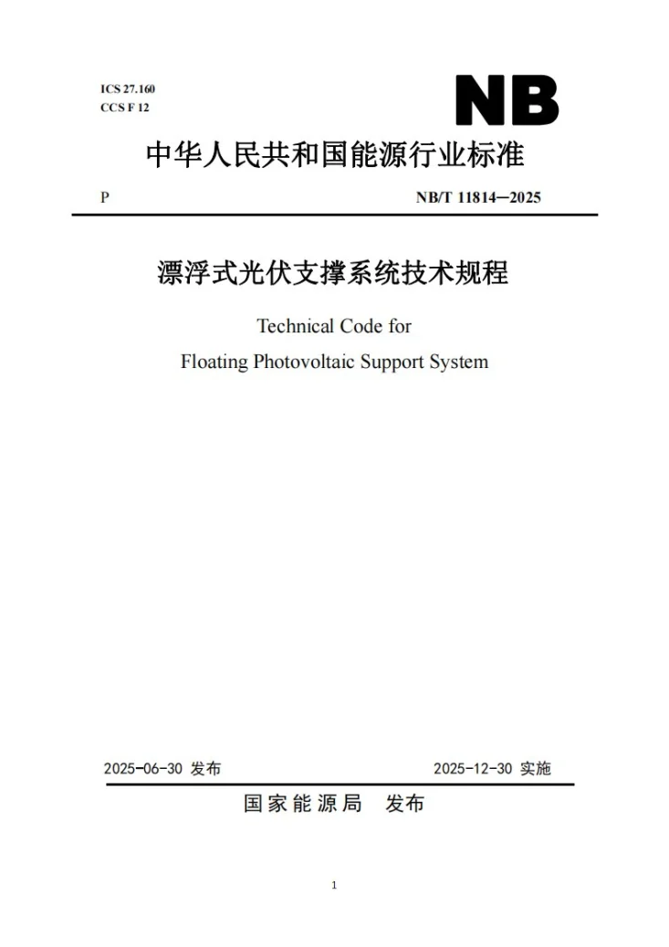 NB/T 11814-2025 漂浮式光伏支撑系统技术规程第1页预览图