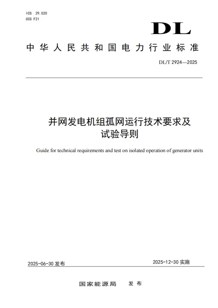 DL/T 2924-2025 并网发电机组孤网运行技术要求及试验导则第1页预览图