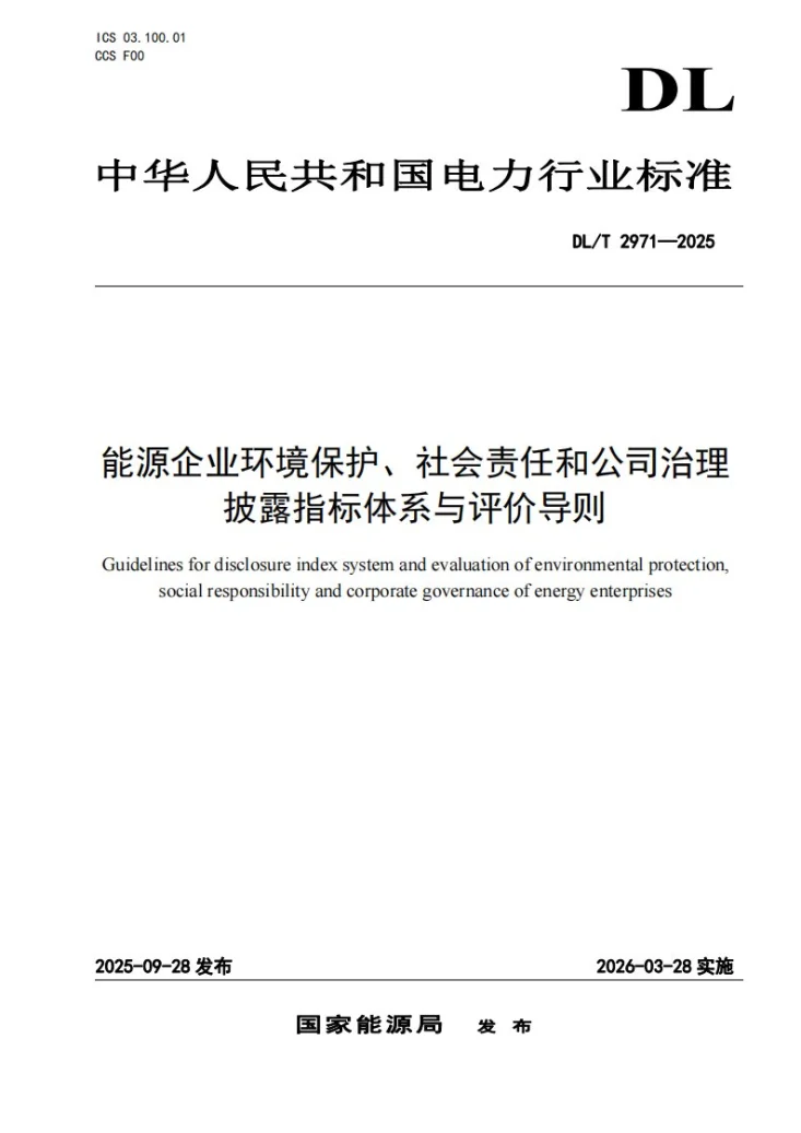 DL/T 2971-2025 能源企业环境保护、社会责任和公司治理披露指标体系与评价导则第1页预览图