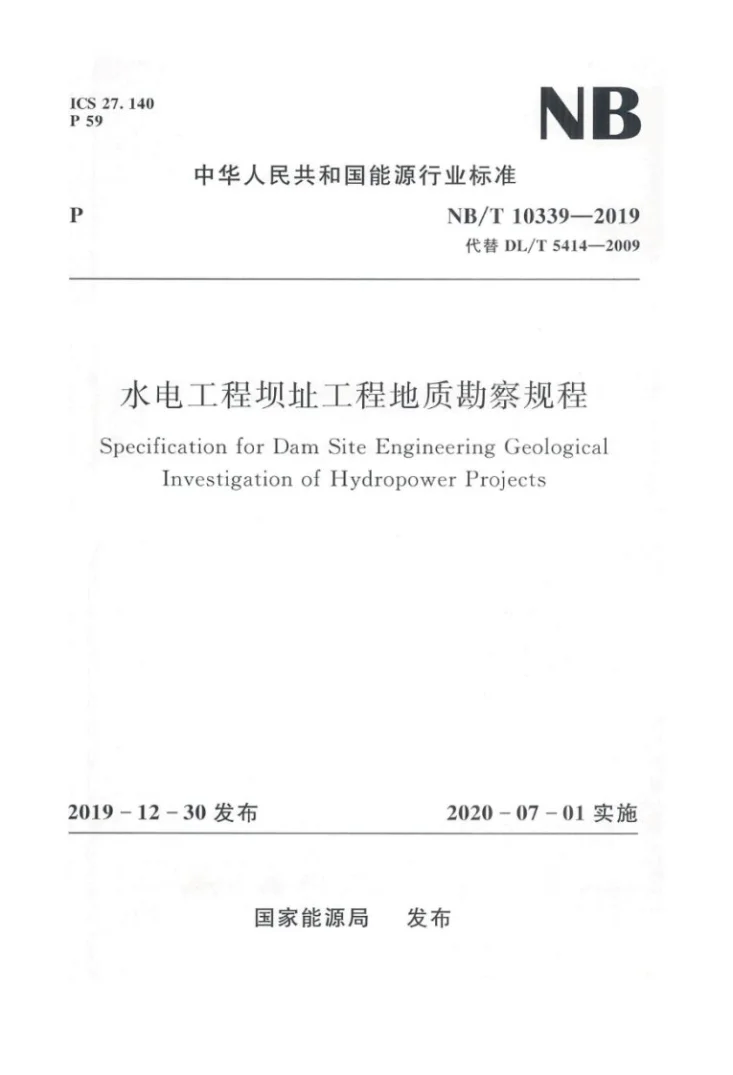 NB/T 10339-2019 水电工程坝址工程地质勘察规程第1页预览图