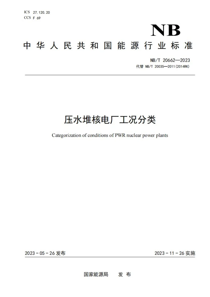 NB/T 20662-2023 压水堆核电厂工况分类第1页预览图