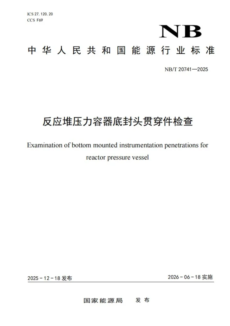 NB/T 20741-2025 反应堆压力容器底封头贯穿件检查第1页预览图