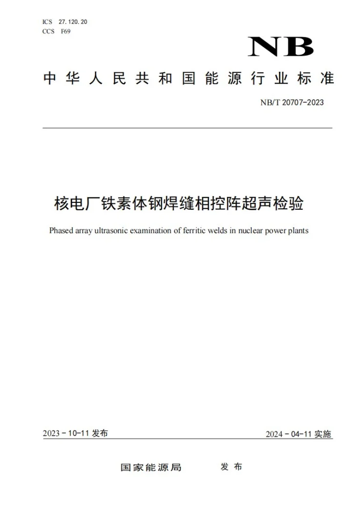 NB/T 20707-2023 核电厂铁素体钢焊缝相控阵超声检测第1页预览图
