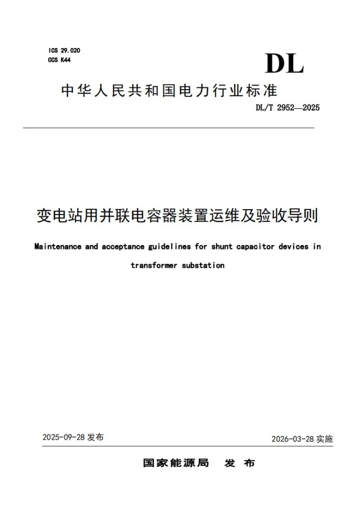 DL/T 2952-2025 变电站用并联电容器装置运维及验收导则第1页预览图