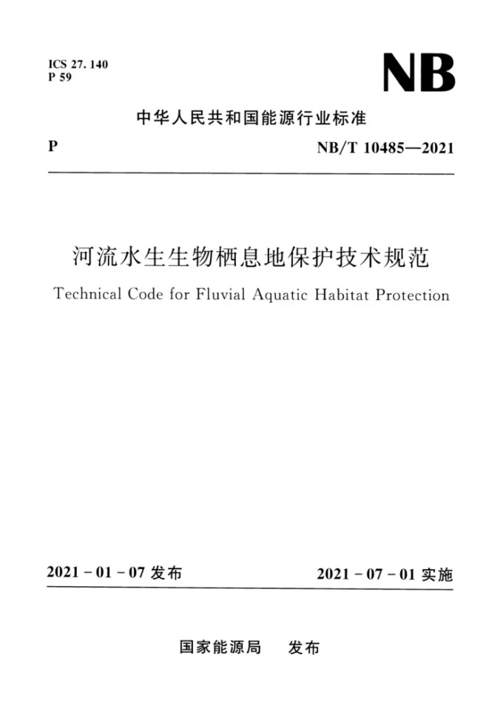 NB/T 10485-2021 河流水生生物栖息地保护技术规范第1页预览图