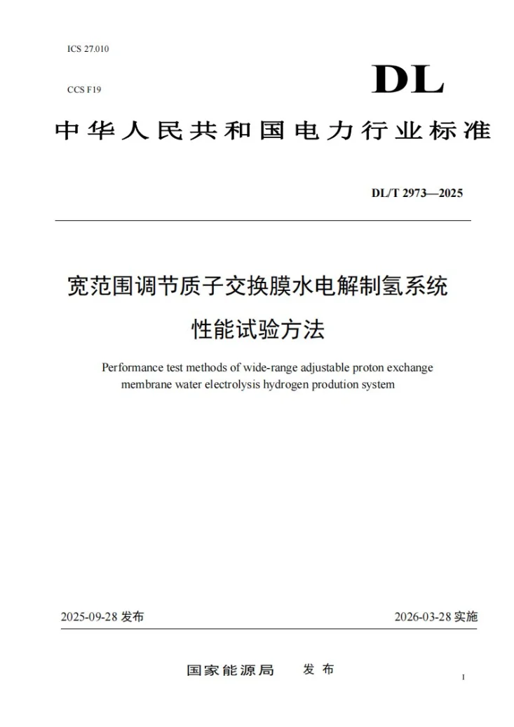 DL/T 2973-2025 宽范围调节质子交换膜水电解制氢系统性能试验方法第1页预览图