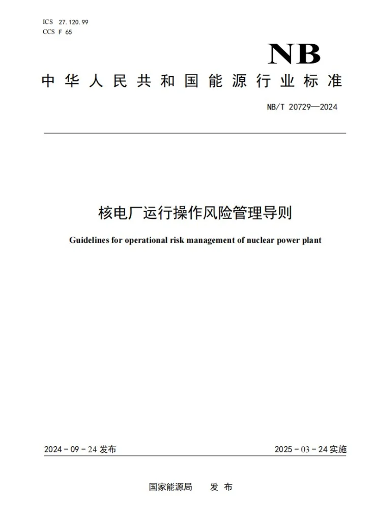 NB/T 20729-2024 核电厂运行操作风险管理导则第1页预览图
