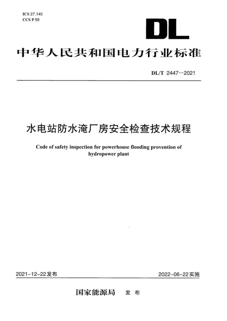DL/T 2447-2021 水电站防水淹厂房安全检查技术规程第1页预览图