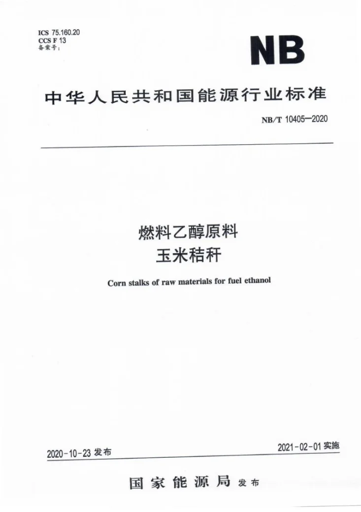 NB/T 10405-2020 燃料乙醇原料 玉米秸秆第1页预览图