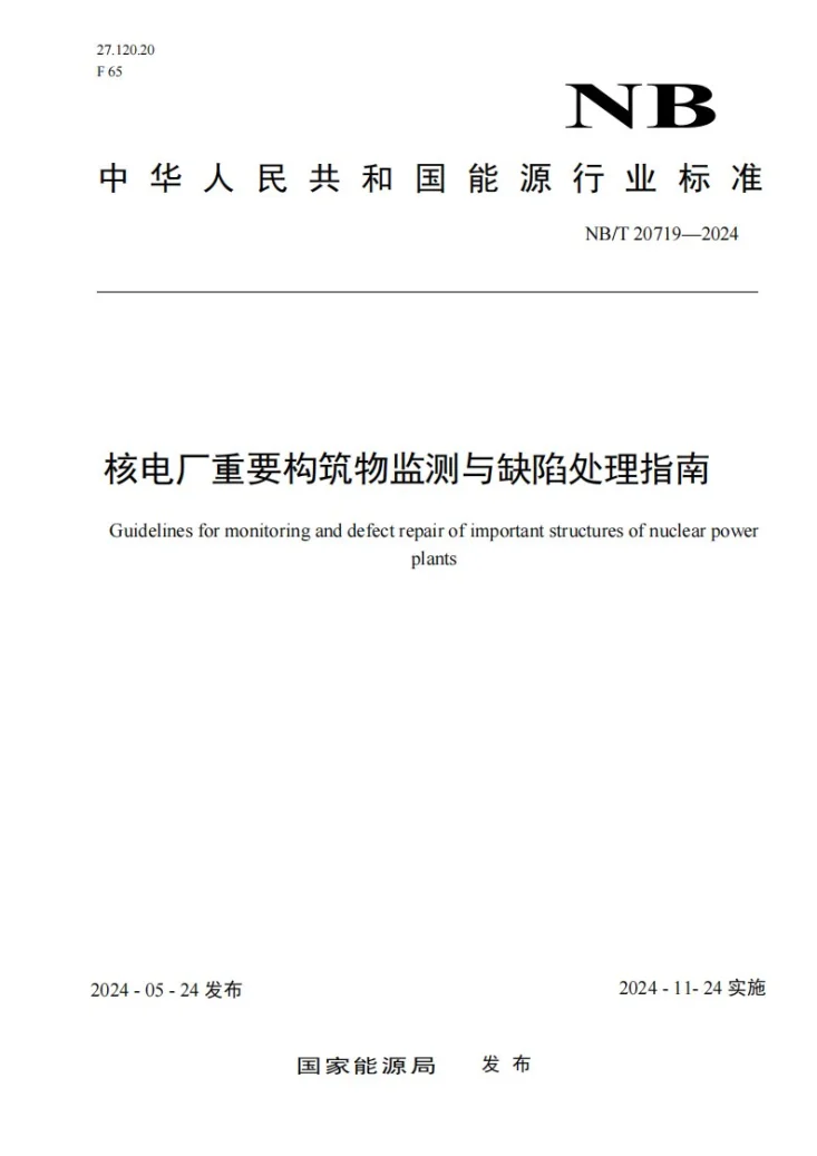 NB/T 20719-2024 核电厂重要构筑物监测与缺陷处理指南第1页预览图