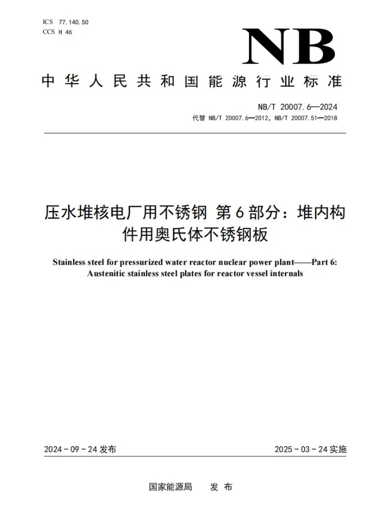 NB/T 20007.6-2024 压水堆核电厂用不锈钢 第6部分：堆内构件用奥氏体不锈钢板第1页预览图