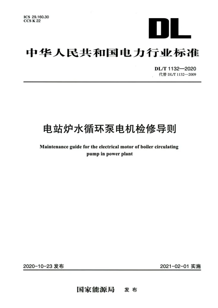 DL/T 1132-2020 电站炉水循环泵电机检修导则第1页预览图