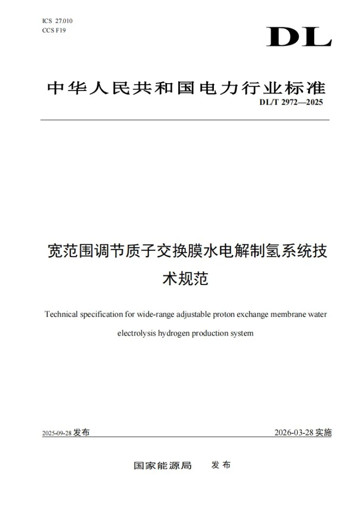 DL/T 2972-2025 宽范围调节质子交换膜水电解制氢系统技术规范第1页预览图