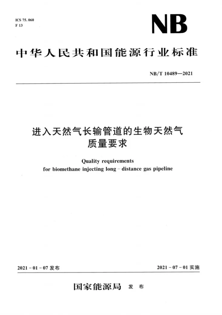NB/T 10489-2021 进入天然气长输管道的生物天然气质量要求第1页预览图