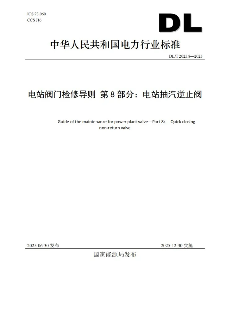 DL/T 2025.8-2025 电站阀门检修导则 第8部分:电站抽汽逆止阀第1页预览图