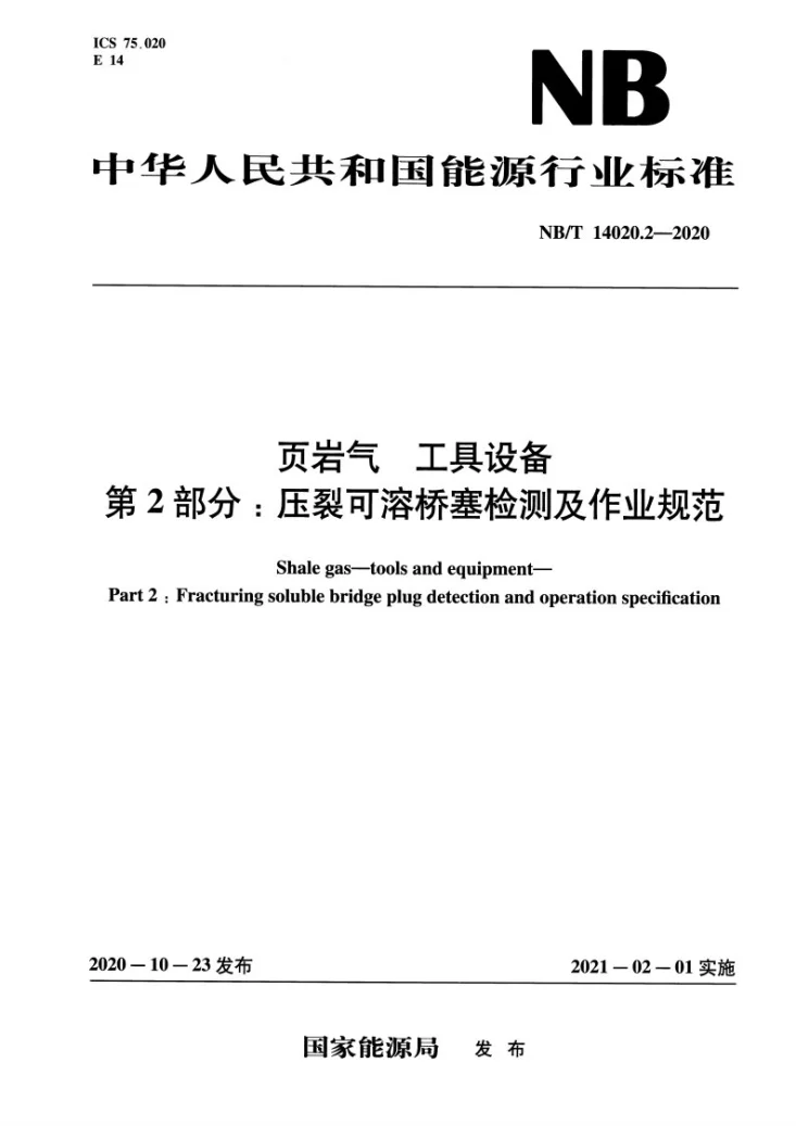 NB/T 14020.2-2020 页岩气工具设备 第2部分：压裂可溶桥塞检测及作业规范第1页预览图