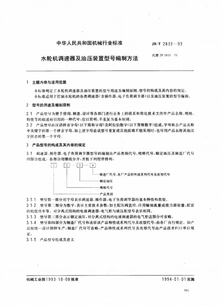 JB/T 2832-1993 水轮机调速器与油压装置型号编制方法第1页预览图