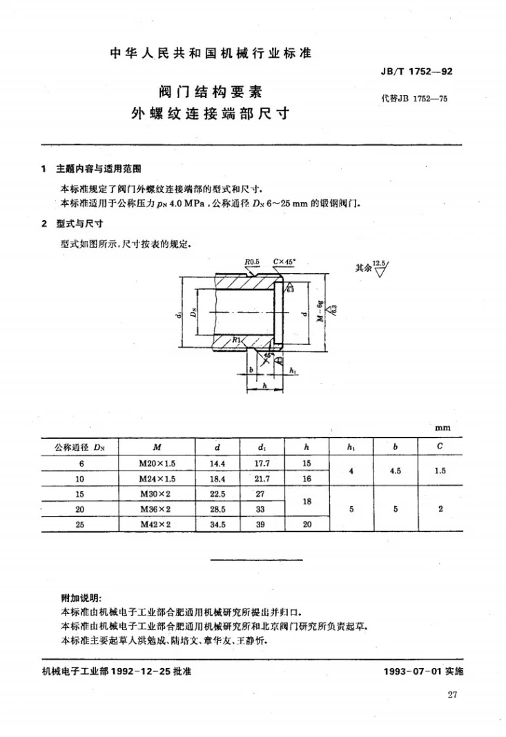 JB/T 1752-1992 阀门结构要素外螺纹连接端部尺寸第2页预览图