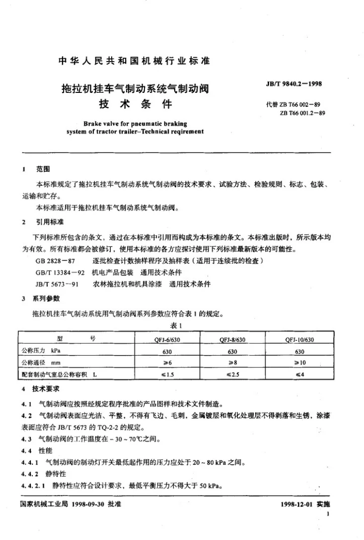 JB/T 9840.2-1998 拖拉机挂车气制动系统气制动阀技术条件第3页预览图