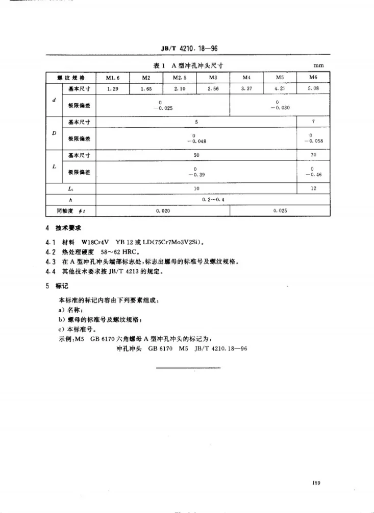 JB/T 4210.18-1996 冷镦六角螺母模具冲孔冲头A型第2页预览图