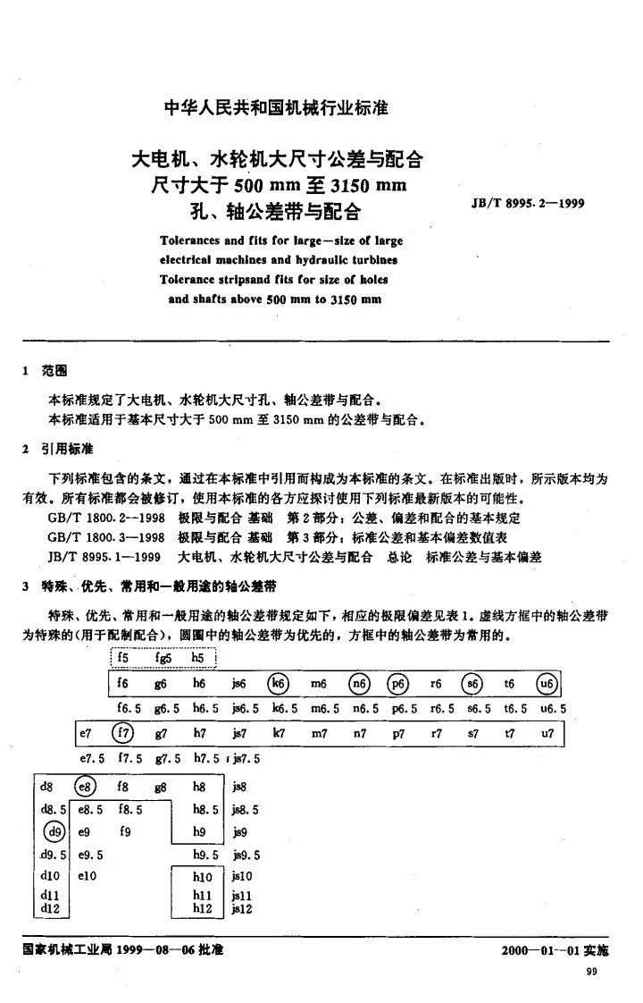 JB/T 8995.2-1999 大电机、水轮机大尺寸公差与配合 尺寸大于500mm至3150mm孔、轴公差带与配合第1页预览图