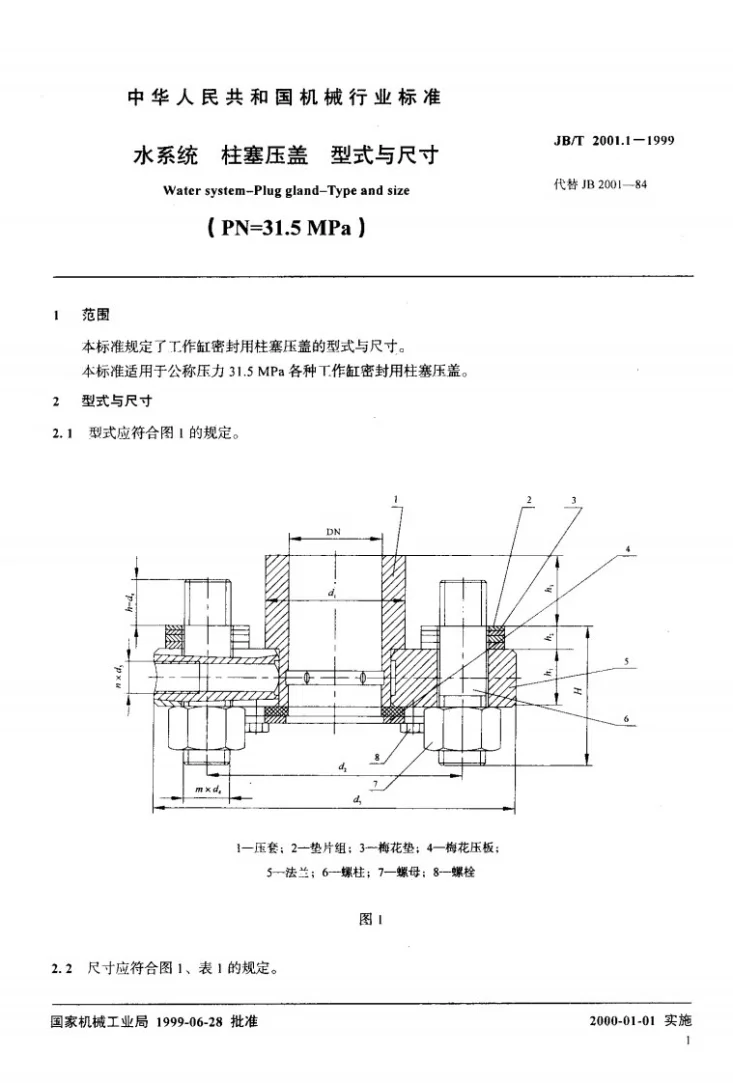 JB/T 2001.1-1999 水系统 柱塞压盖 型式与尺寸(PN=31.5MPa)第2页预览图