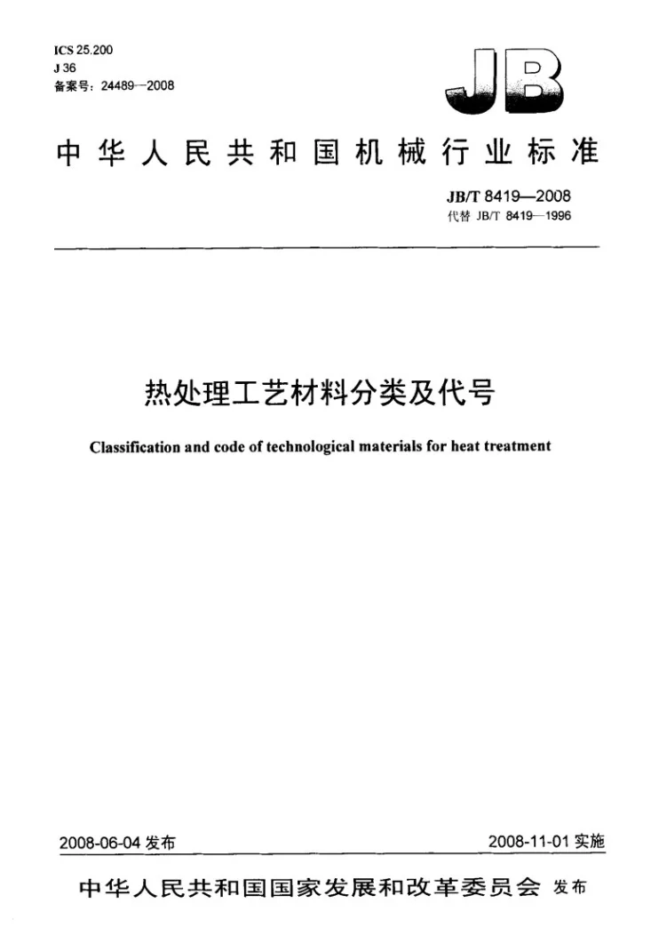 JB/T 8419-2008 热处理工艺材料分类及代号第1页预览图