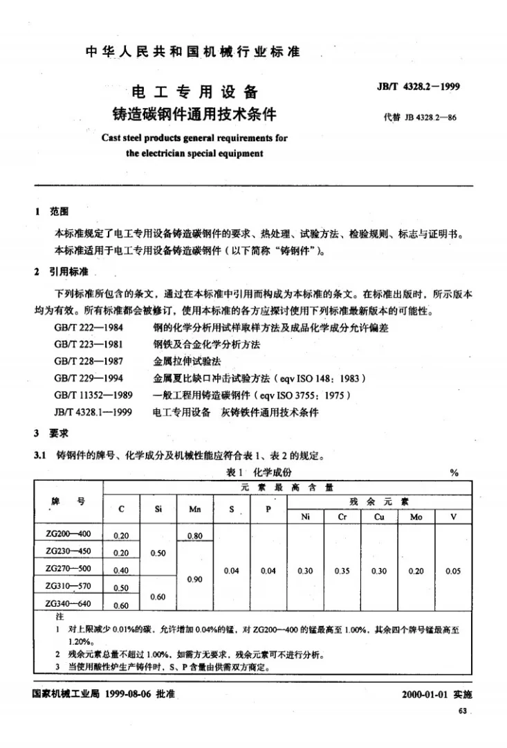 JB/T 4328.2-1999 电工专用设备 铸造碳钢件通用技术条件第2页预览图