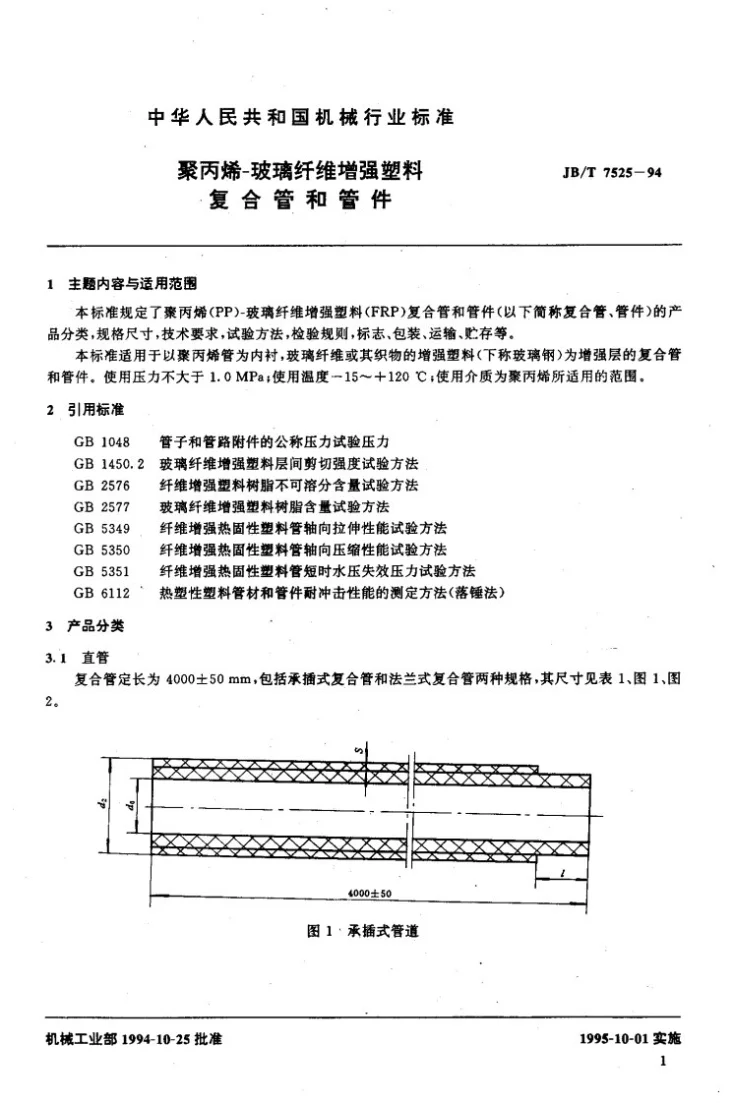 JB/T 7525-1994 聚丙烯玻璃纤维增强塑料复合管和管件第2页预览图