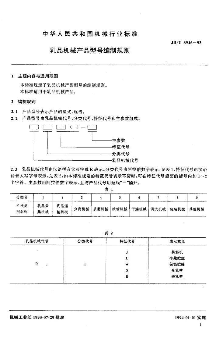 JB/T 6946-1993 乳品机械产品 型号编制规则第2页预览图