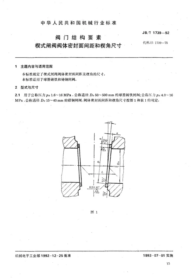 JB/T 1739-1992 阀门结构要素楔式闸阀阀体密封面间距和楔角尺寸第2页预览图