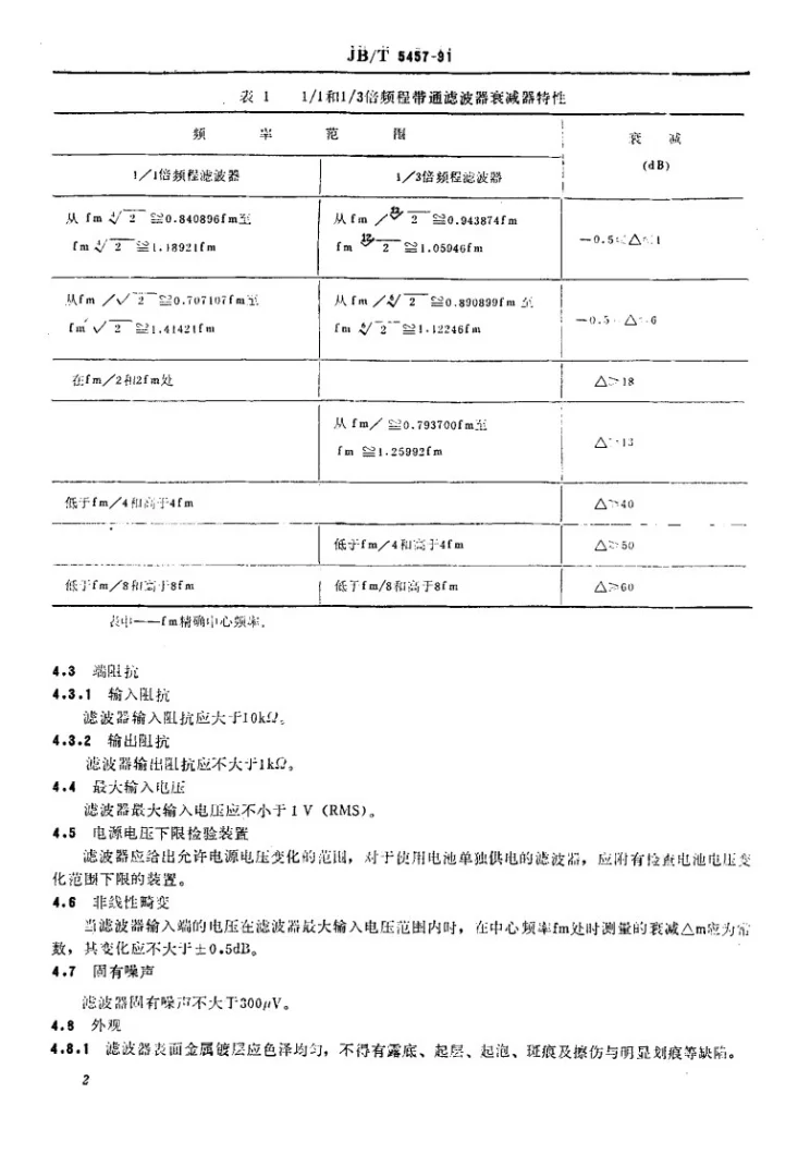 JB/T 5457-1991 声和振动分析用的1/1和1/3倍频程滤波器 技术条件第3页预览图