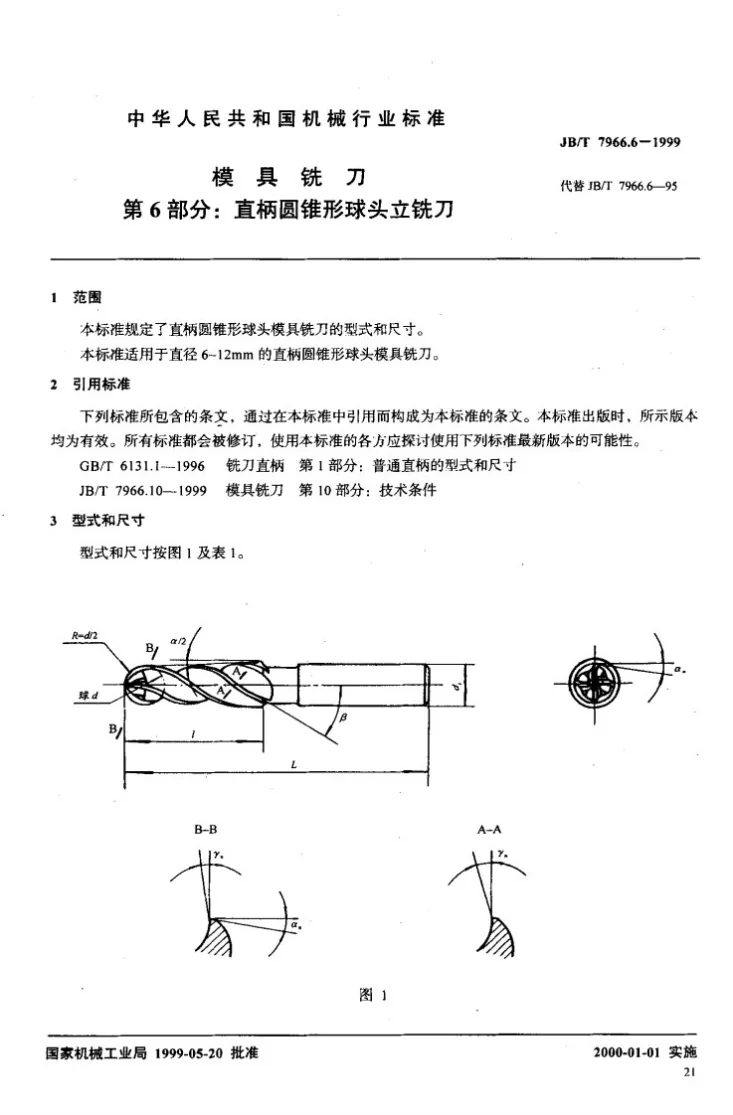 JB/T 7966.6-1999 模具铣刀 第6部分:直柄圆锥形球头立铣刀第3页预览图