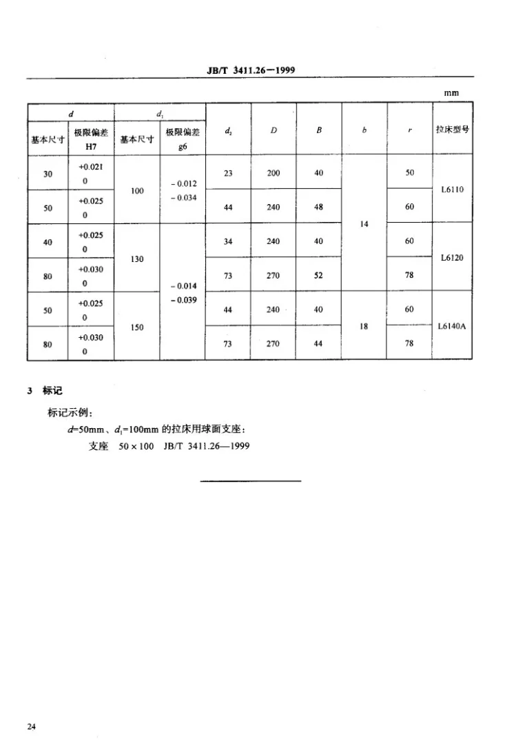 JB/T 3411.26-1999 拉床用球面支座 尺寸第3页预览图
