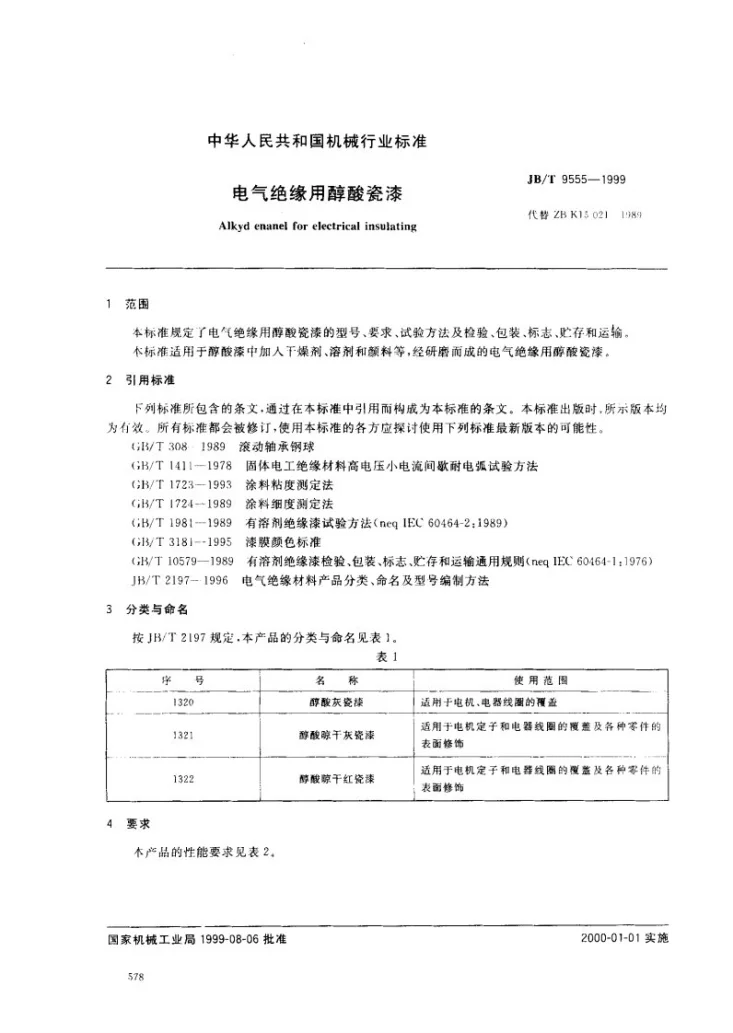 JB/T 9555-1999 电气绝缘用醇酸瓷漆第2页预览图
