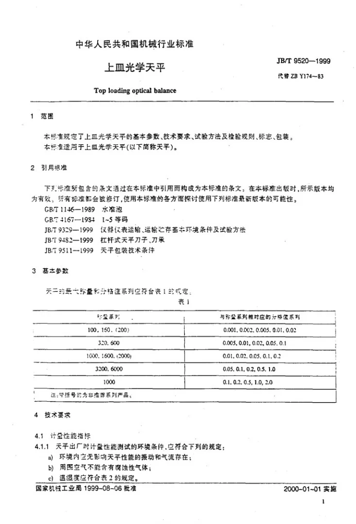 JB/T 9520-1999 上皿光学天平第3页预览图