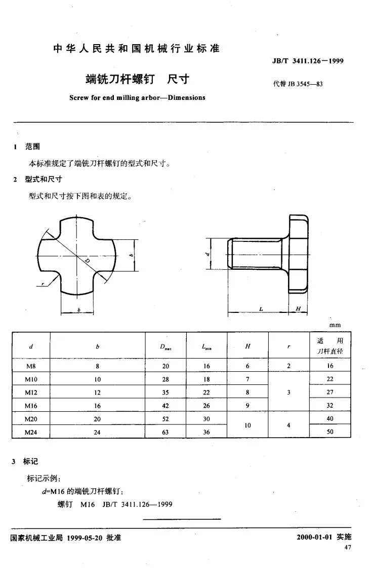 JB/T 3411.126-1999 端铣刀杆螺钉 尺寸第2页预览图