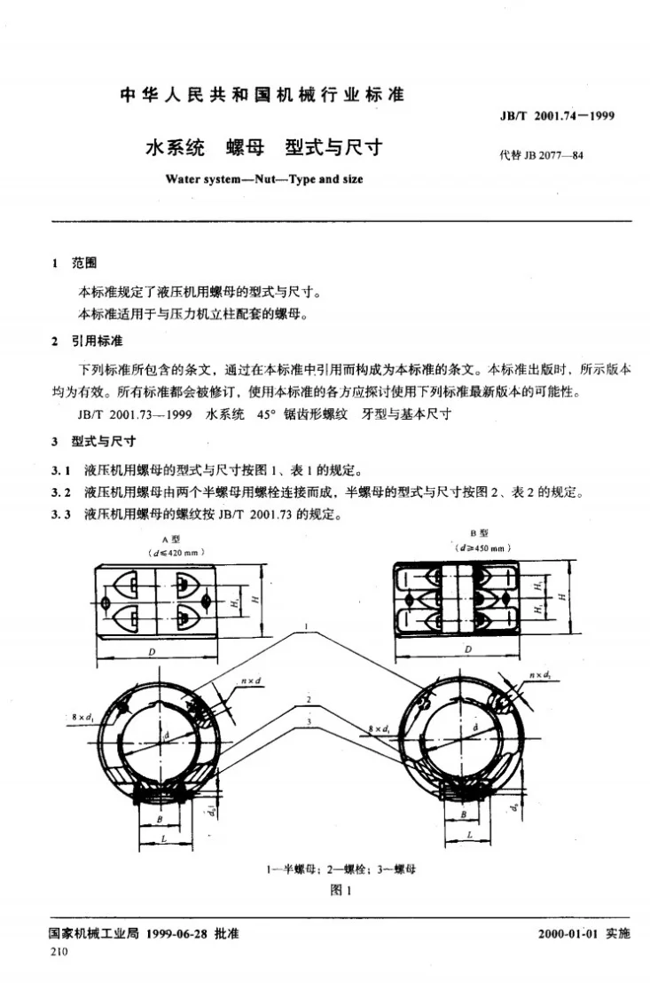 JB/T 2001.74-1999 水系统 螺母 型式与尺寸第2页预览图