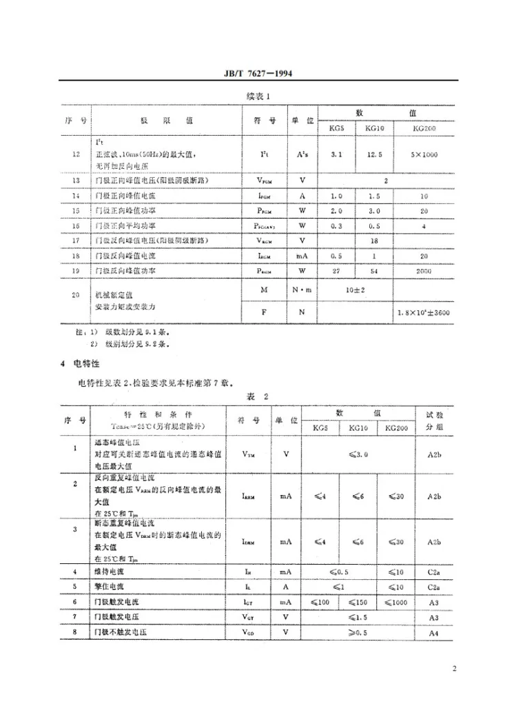 JB/T 7627-1994 KG5、KG10和KG20管壳额定联断晶闸管详细规范第3页预览图