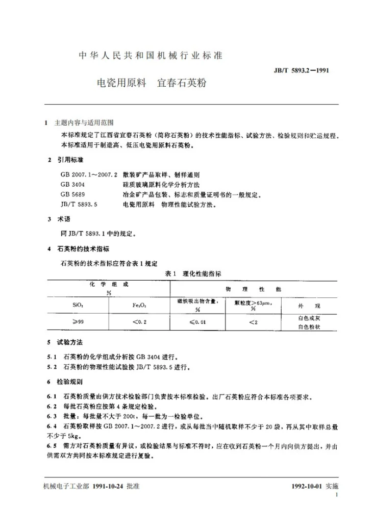 JB/T 5893.2-1991 电瓷用原料 宜春石英粉第2页预览图
