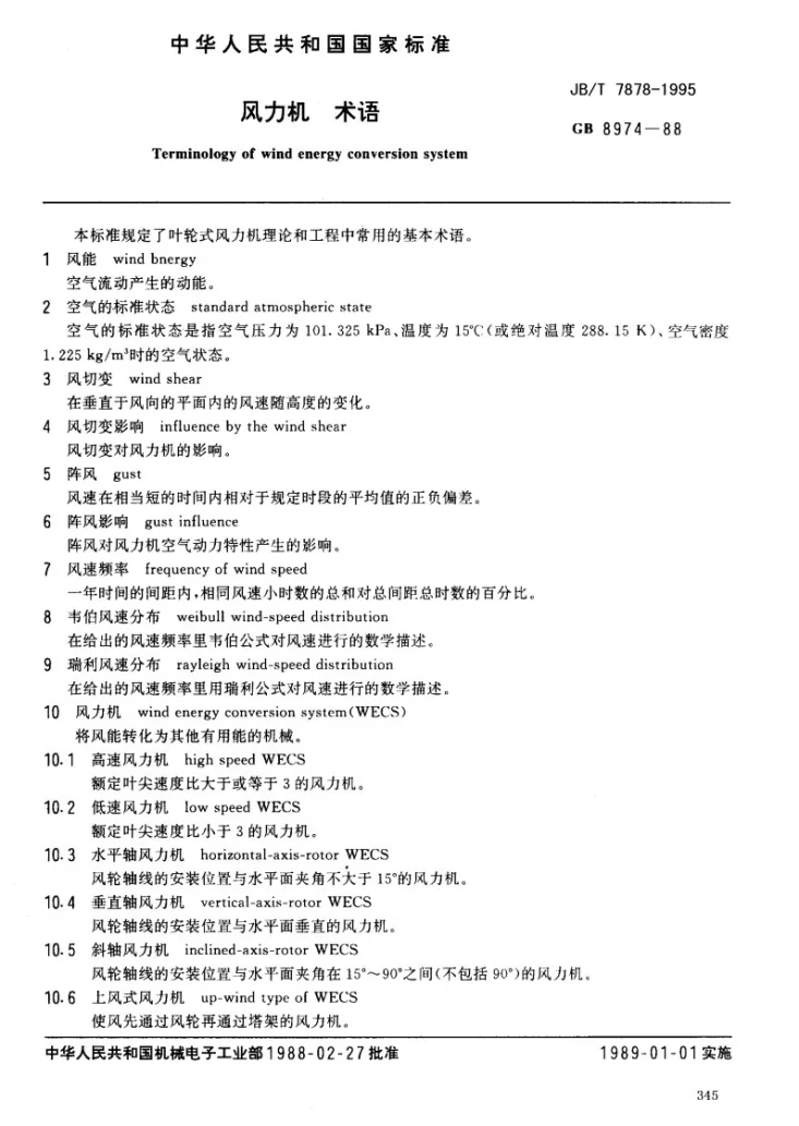 JB/T 7878-1995 风力机 术语第1页预览图