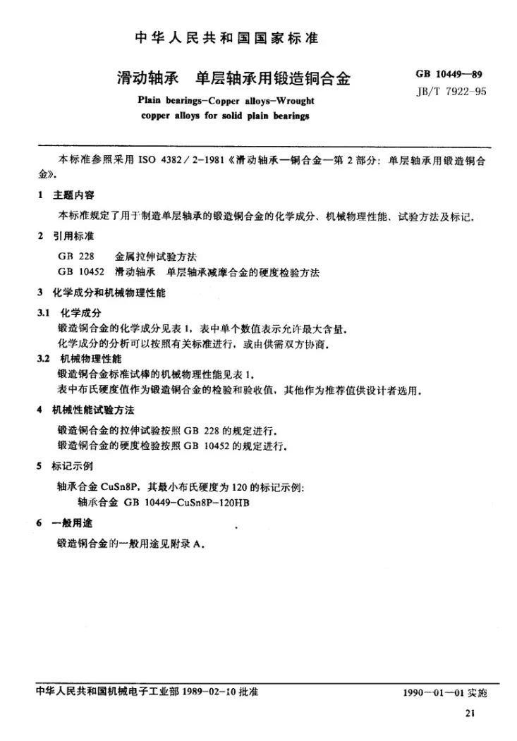JB/T 7922-1995 滑动轴承 单层轴承用锻造铜合金第1页预览图