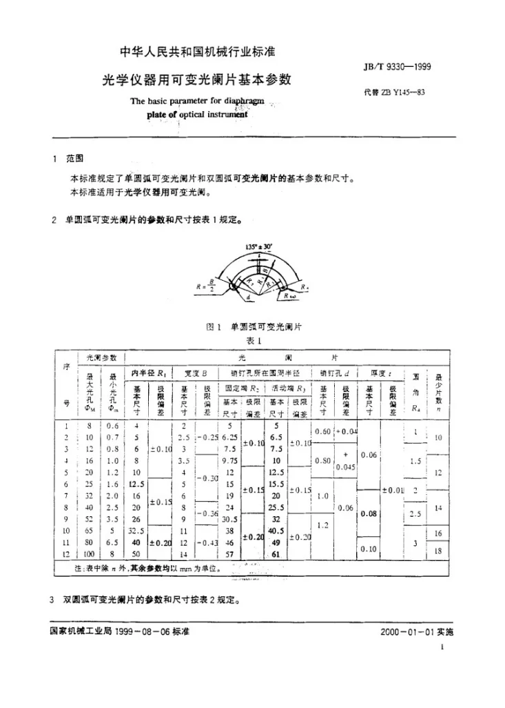 JB/T 9330-1999 光学仪器用可变光阑片 基本参数第3页预览图