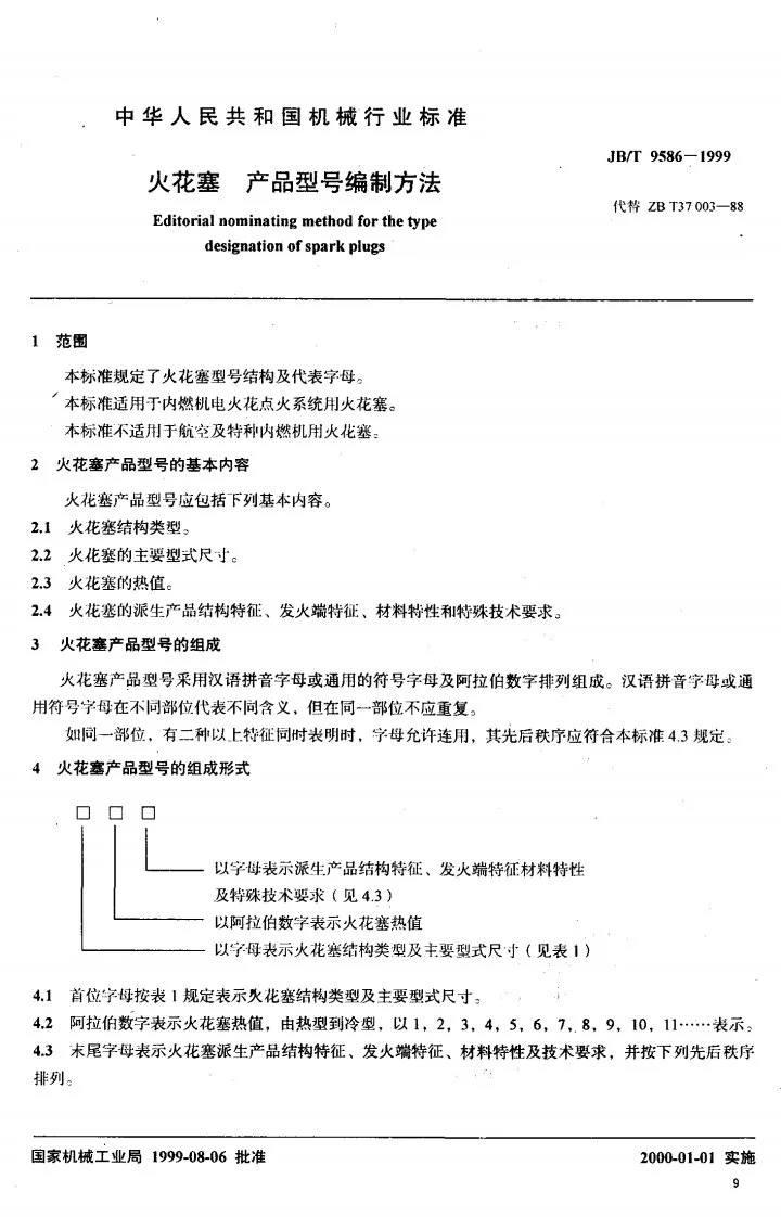 JB/T 9586-1999 火花塞产品型号编制方法第2页预览图